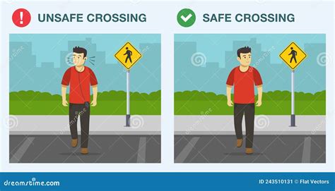 Pedestrian Safety Rules and Tips. Safe and Unsafe Street Crossing ...