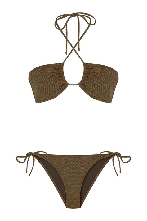 Aquella Halter Yaka Gold Simli Dokulu Kahve Bikini Takım Fiyatı