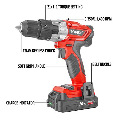 Topex 20v Max Lithium Ion Cordless Drill Driver Screwdriver With