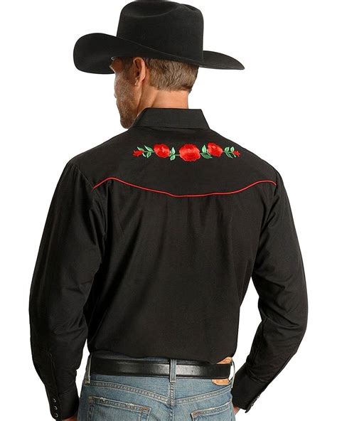 Men S Embroidered Rose Design Western Shirt 15203901 88Blk Black