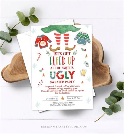 Editable Lets Get Elfed Up Christmas Party Invitation Framily Holiday