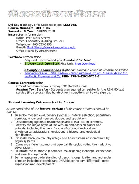 BIOL 1307 Biology For Science Majors II Lecture Syllabus Tconline