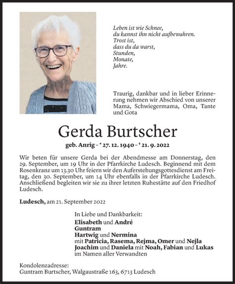 Todesanzeigen Von Gerda Burtscher Todesanzeigen Vorarlberger Nachrichten