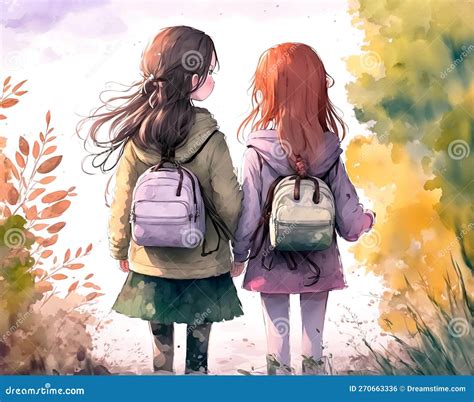 Anime School Girls, Back View, Going On A Autumn Walkway, Digital ...
