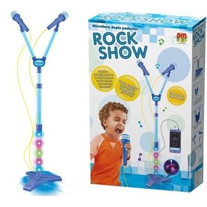 Microfone Duplo Infantil Pedestal Rock Show Azul Conecta