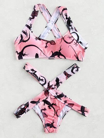 Lizard Print Cross Back Bikini Set Shein Sheinside