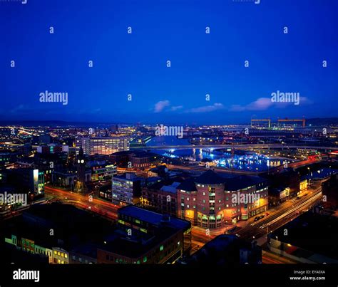 City Scape At Night Belfast Lough And Docks Co Antrim Ireland Stock