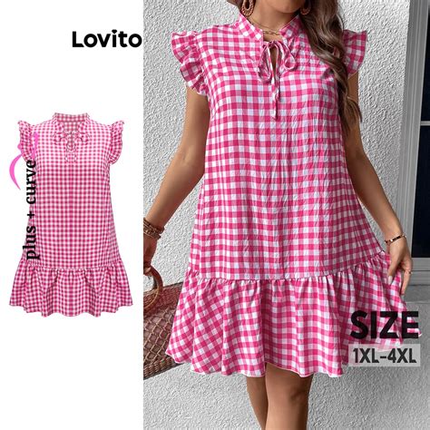 Lovito Plus Size Curve Boho Gingham Lace Up Ruffle Hem Lettuce Trim