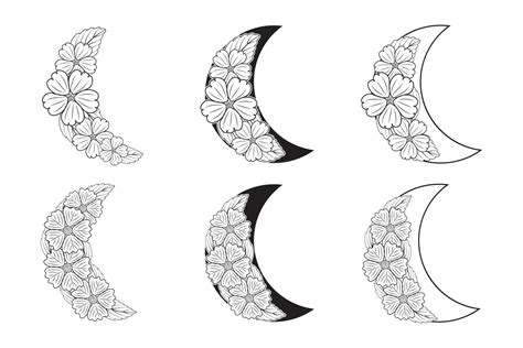 Set Of Hand Drawn Doodle Celestial Floral Moon Floral Frame Crescent