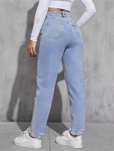 Shein Ezwear High Waist Ripped Mom Fit Jeans Shein Usa