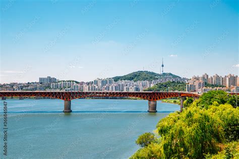 Seongsu Bridge and Seoul city view at Han river park in Korea Stock ...