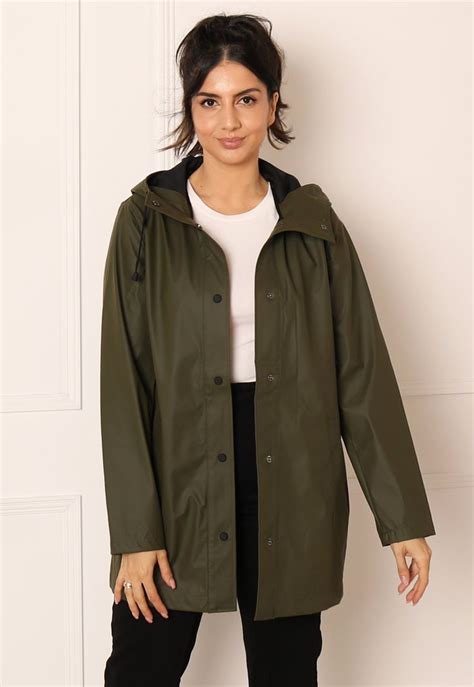 Only Ellen Rubberised Matte Hooded Raincoat Mac In Khaki Green One