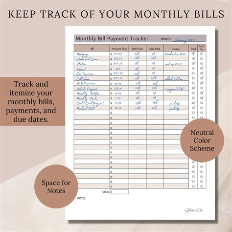 Monthly & Bi-weekly Bill Tracker, Neutral Color Scheme, Monthly Bill