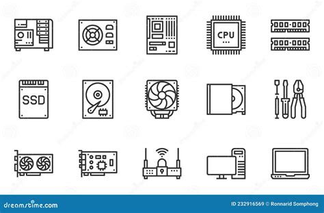 Computer Hardware Line Icons Motherboard Cpu Chip Case Computer