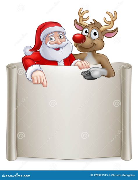 Christmas Santa Claus And Reindeer Cartoon Sign Stock Vector Illustration Of Pointing