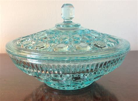 Vintage Aqua Blue Covered Candy Dish Windsor Federal Glass