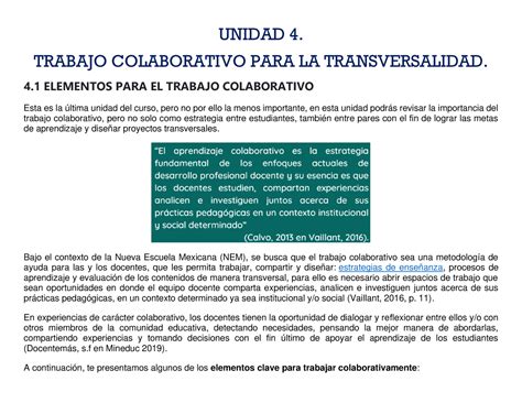 Trabajo Colaborativo Para La Transversalidad Unidad Trabajo