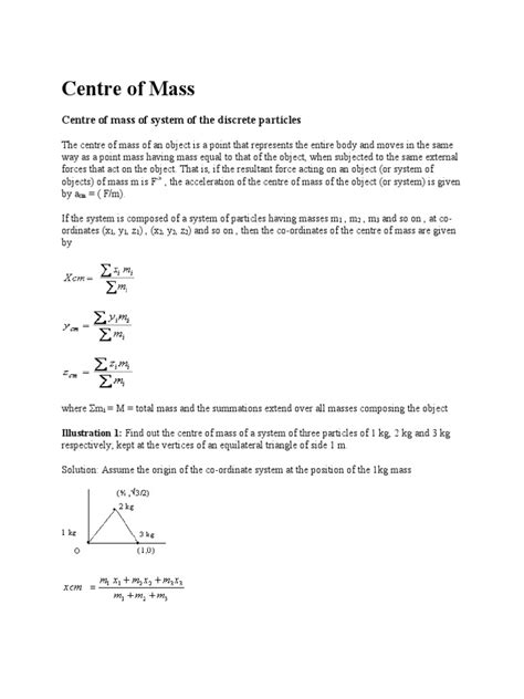 Centre Of Mass Of System Of The Discrete Particles Pdf