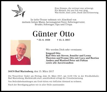 Traueranzeigen von Günter Otto rz trauer de