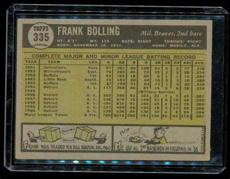 Vintage 1961 TOPPS Baseball Trading Card 335 FRANK BOLLING Milwaukee