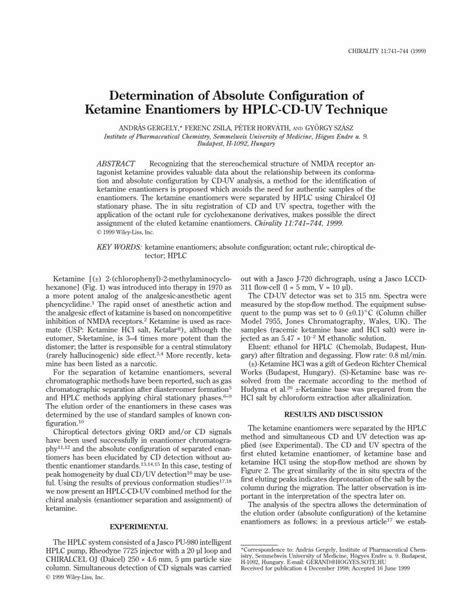 Pdf Determination Of Absolute Configuration Of Ketamine Enantiomers