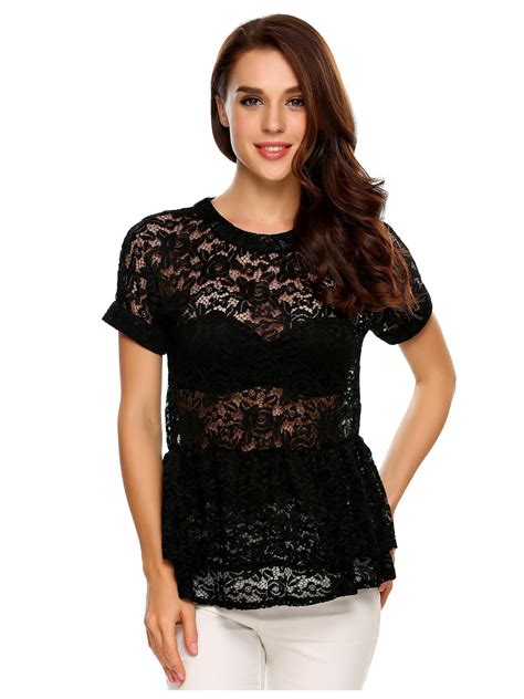 Deaml Women Casual O Neck Short Sleeve Lace Hollow Out Ruffle Hem T