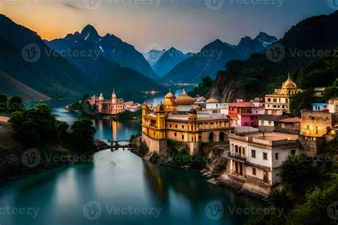 the city of kashmir is lit up at sunset. AI-Generated 33625180 Stock ...