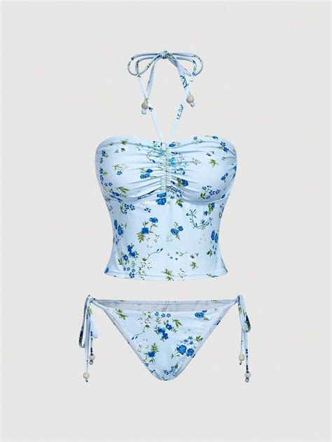 SHEIN MOD Women S Floral Print Halter Drawstring Bikini Set Sexy