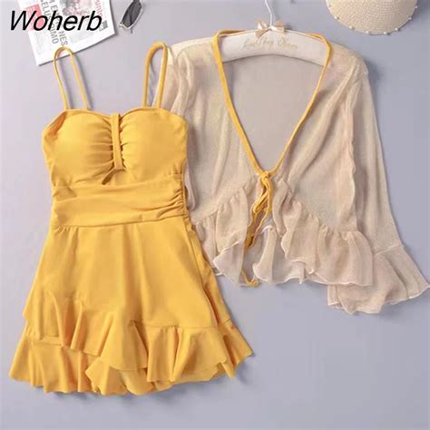 Woherb New Summer Women Y2K Lace Up Ruffle Fairy Sweet Sexy Hollow Slim Bikini Mini Dress Cover