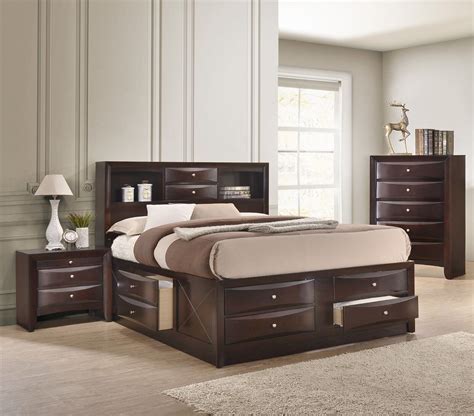 Contemporary King Size 3pc Bedroom Set Storage Bed Chest Nightstand Brown Cherry Finish Solid ...