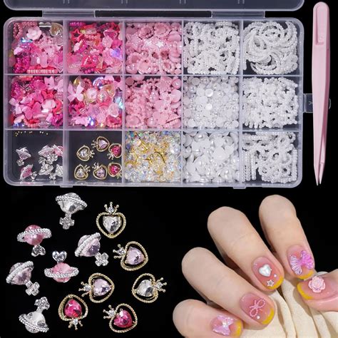 Amazon D Pink White Assorted Pearls Gems Planet Nail Charms Set