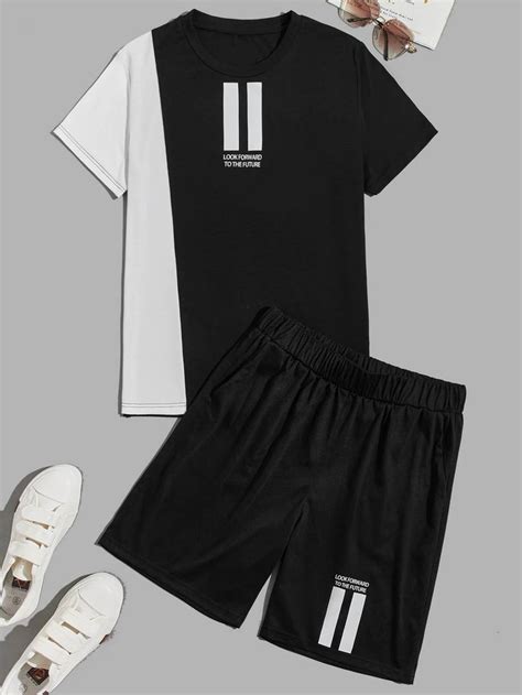 Black And White Casual Short Sleeve Polyester Colorblockslogan