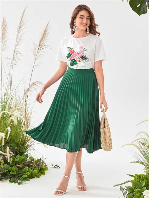 SHEIN Mulvari Tropical Flamingo Print Tee Pleated Skirt SHEIN USA