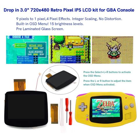 For GBA Drop In 720x480 Retro Pixel V5 Pre Laminated High Brightness