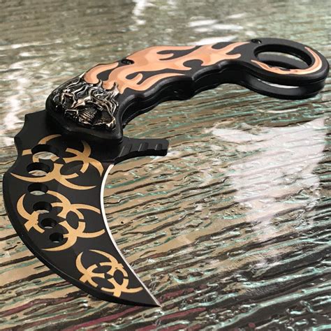 8 Tac Force Karambit Gold Flames Biohazard Skull Fantasy Pocket Knife