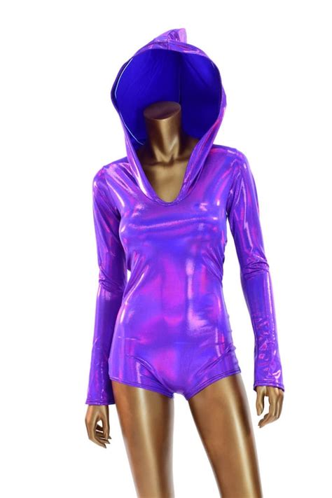 Long Sleeve Purple Holographic Metallic Bodysuit Romper