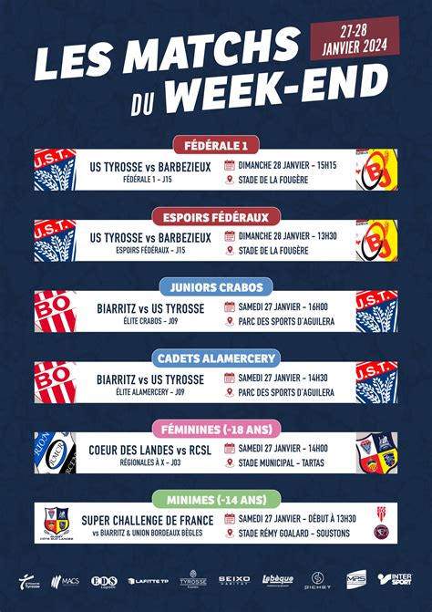 US Tyrosse Rugby Côte Sud LES MATCHS DU WEEK END 27 28 JANVIER 2024