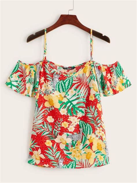 Shein Tropical And Leopard Print Cold Shoulder Top Cold Shoulder Top