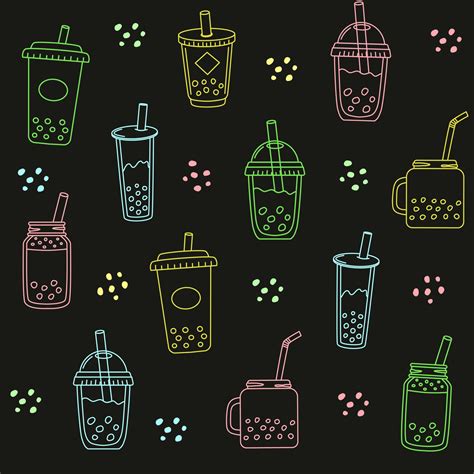 Colorful Outline Bubble Tea Seamless Pattern Tapioca Milk Tea Boba