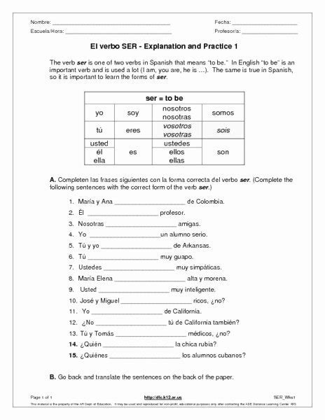 El Verbo Ser Worksheet