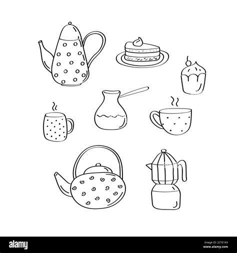 Teapot And Cup Collection Tea Time Doodle Elements Linear Vector