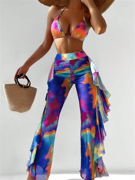 Tie Dye Halter Triangle Bikini Swimsuit With Cover Up SHEIN USA