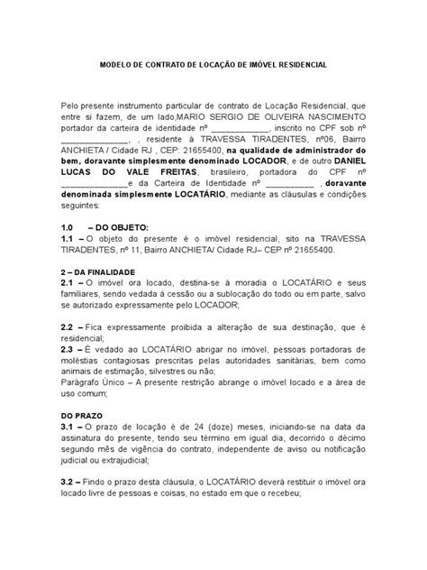 Modelo De Contrato De Locação De Imóvel Residencial Direito Privado