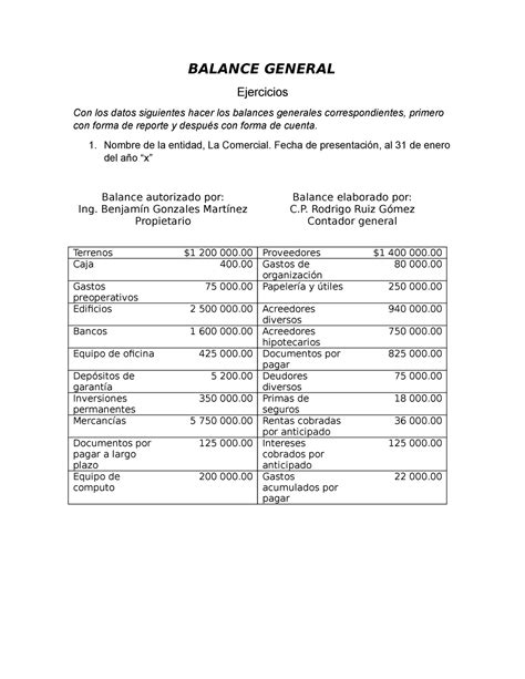 Balance General BALANCE GENERAL Ejercicios Con Los Datos Siguientes