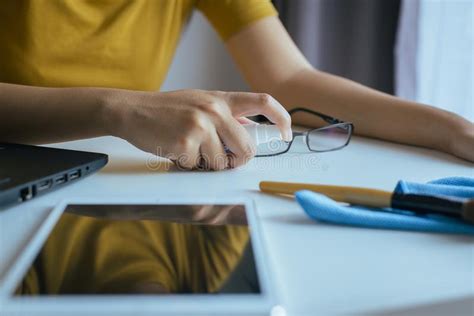 Hand Woman Cleaning Glasses Clean Lenses Of Eyeglasses Stock Image Image Of Equipment