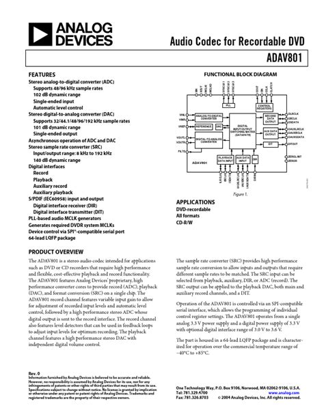 Adav801 Analog Devices Codec Hoja De Datos Ficha Técnica