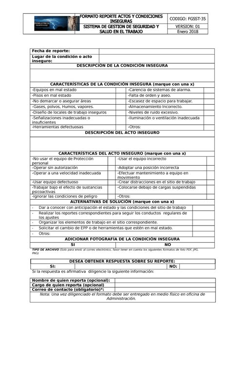 Fgsst 35 Formato Reporte Actos Y Condiciones Inseguras FORMATO