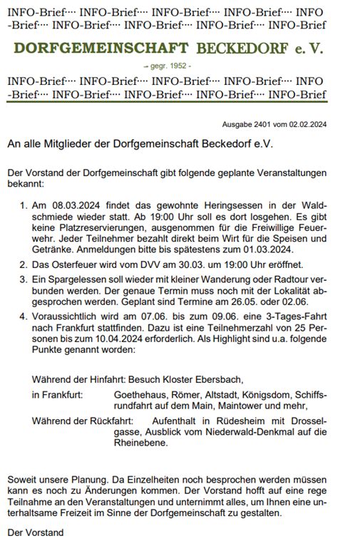 Info Brief Dorfgemeinschaft Beckedorf