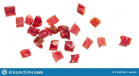 Iberian Ham Serrano Cut Into Cubes Diced Isolated On White Background