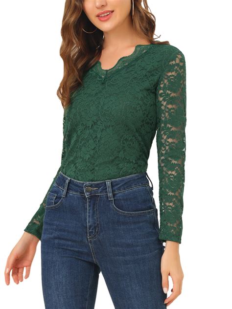 Allegra K Women S Floral Lace Top V Neck Long Sleeve Lace Scalloped Trim Blouse